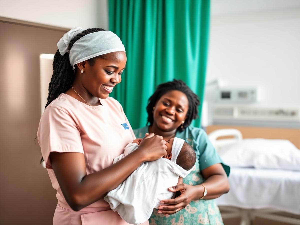 Nurse handing a newborn to a happy mother in the maternity ward