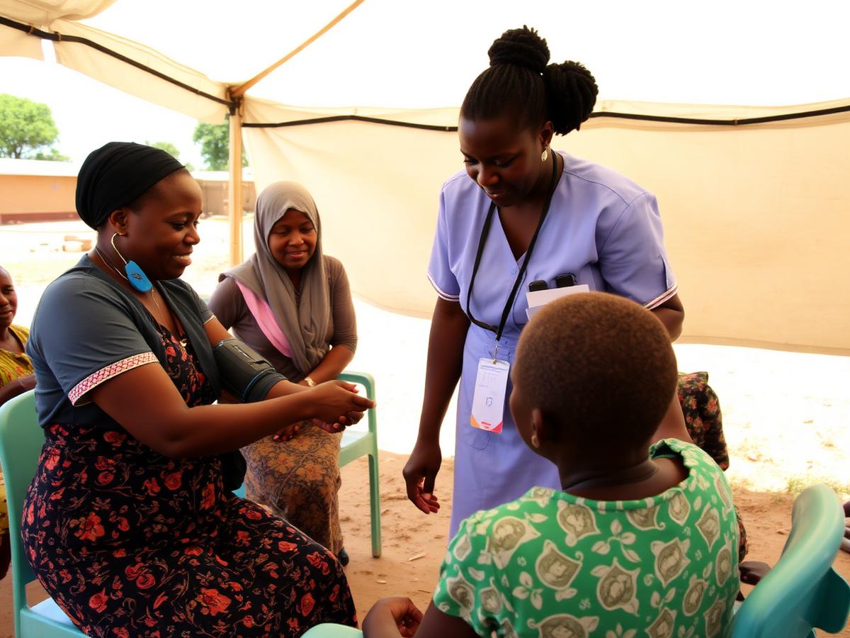 Nurses screening residents at a community health camp