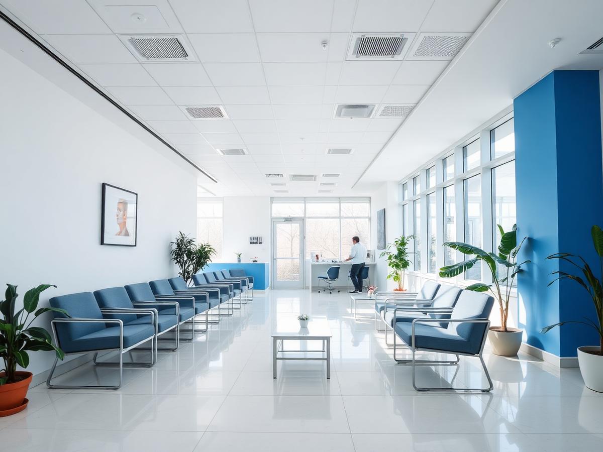 Bright hospital reception and patient waiting area